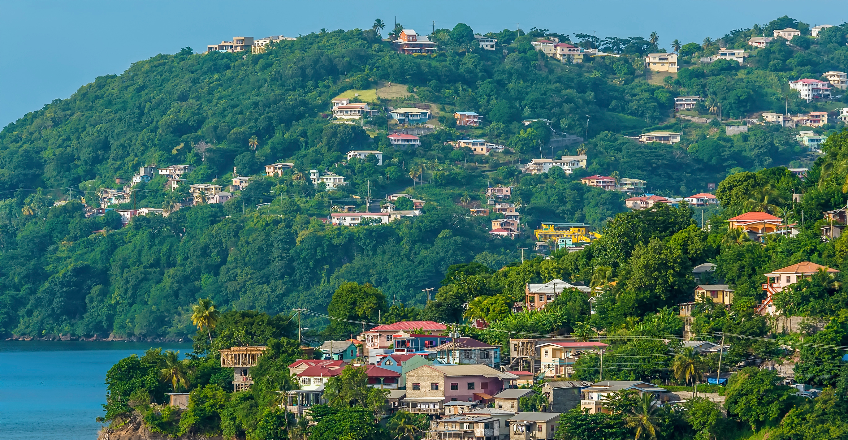 Picturesque houses on the hills of Grenada overlooking the Caribbean Sea — coastal real estate in the Caribbean surrounded by tropical nature
